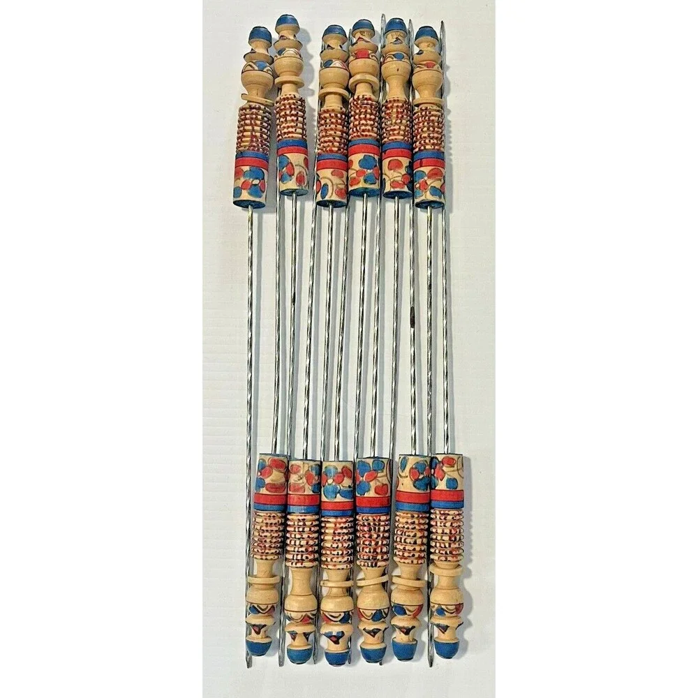 French Metal Wood Skewers Meat BBQ Sweet Stick Candy Kabab Grill Tool Vintage